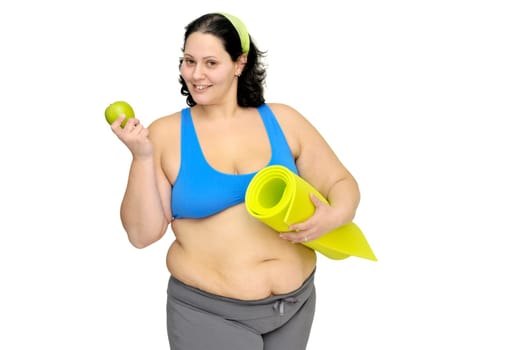 Large girl with apple isolated in white