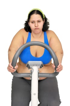 Large girl exercising isolated in white