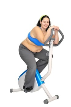 Large girl exercising isolated in white