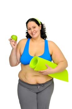 Large girl with apple isolated in white