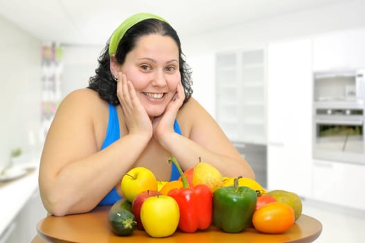 Large girl with fruit and vegetables