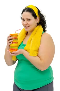 Large girl with fruit isolated in white