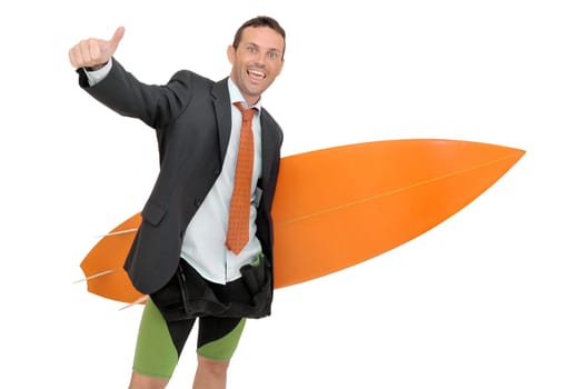 Young businessman with surf board