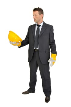 Engineer with hat posing isolated in white