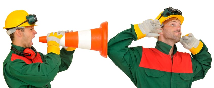 Worker shouting at his fellow worker isolated in white