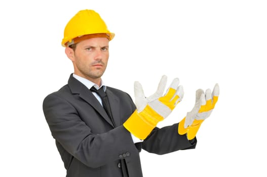 Engineer with hat and gloves isolated in white