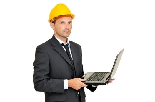 Engineer with hat and laptop isolated in white