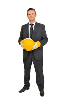 Engineer with hat posing isolated in white
