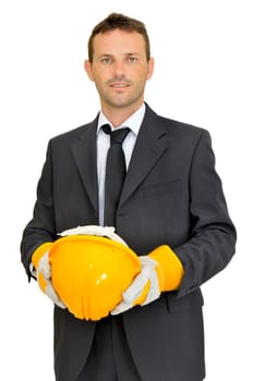 Engineer with hat posing isolated in white