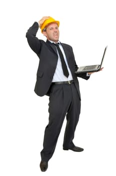 Engineer with hat and laptop isolated in white