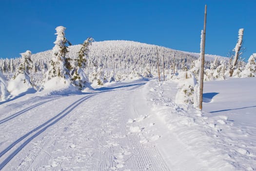 Winter mountain landscape scenery with cross country skiing way. Horizontally. (Mountains Jeseniky, Czech Republic)