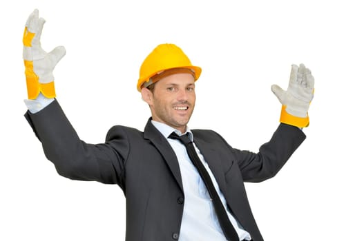 Engineer with hat and gloves isolated in white