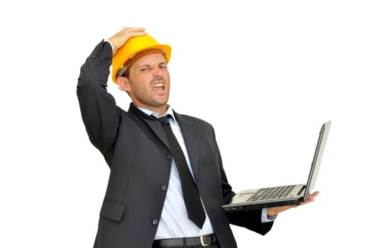Engineer with hat and laptop isolated in white