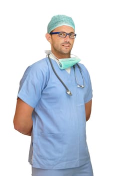 Doctor in uniform posing isolated in white