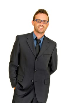 Young businessman posing with glasses isolated in white
