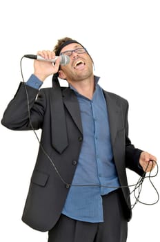 Drunk karaoke singer isolated in white