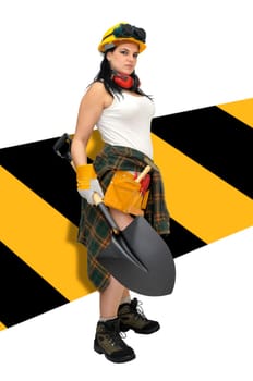 Young sexy construction worker girl with a shovel isolated in white