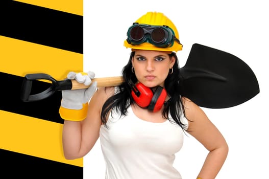 Young sexy construction worker girl with a shovel isolated in white