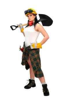 Young sexy construction worker girl with a shovel isolated in white