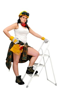 Young sexy construction worker girl with a ladder isolated in white
