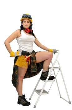 Young sexy construction worker girl with a ladder isolated in white