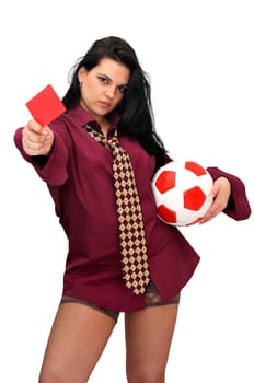 Sexy businesswoman with red card and soccer ball isolated in white