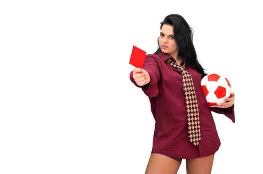 Sexy businesswoman with red card and soccer ball isolated in white