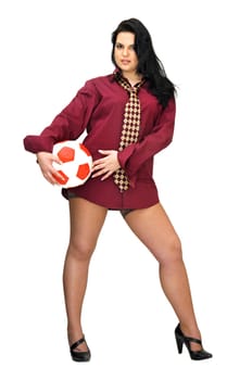 Sexy businesswoman with soccer ball isolated in white