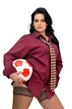 Sexy businesswoman with soccer ball isolated in white