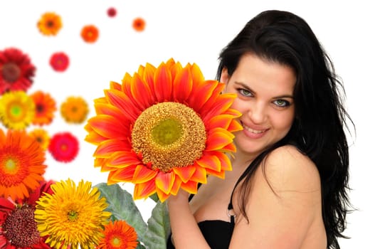 Sexy woman with flowers isolated in white