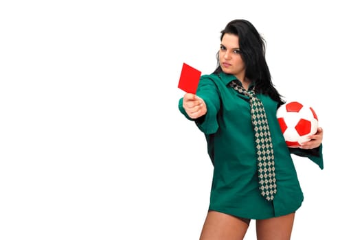 Sexy businesswoman with red card and soccer ball isolated in white
