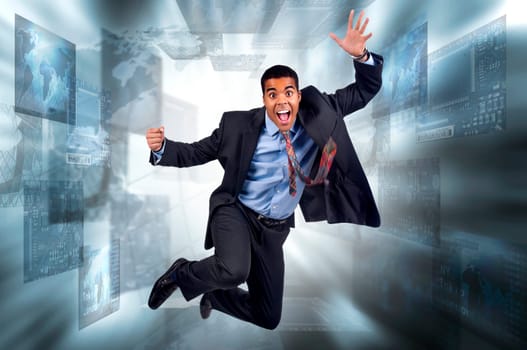 Happy businessman jumping in a digital screen background
