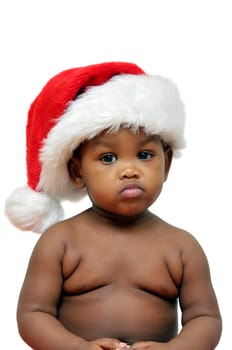 Beautiful baby with Christmas hat isolated in white