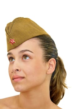 Sexy young girl with army hat isolated in white