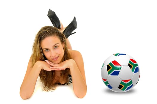 Sexy young girl in bikini with soccer ball isolated in white