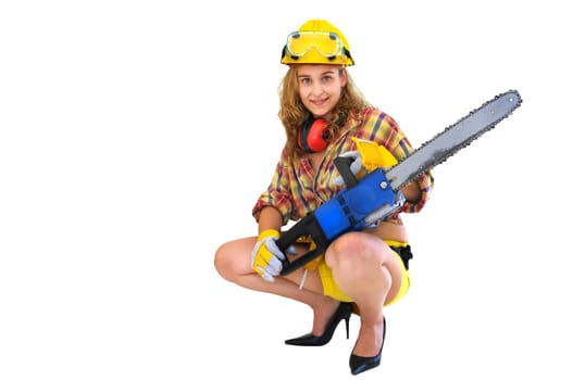 Young sexy girl worker with chainsaw isolated in white