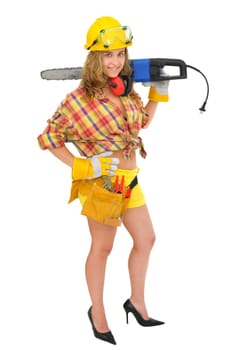 Young sexy girl worker with chainsaw isolated in white