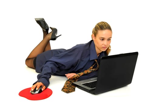 Sexy business girl with laptop isolated in white
