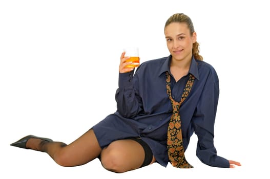 Sexy business girl with whiskey glass isolated in white