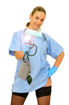 Sexy young doctor with blood pressure device posing against a white background