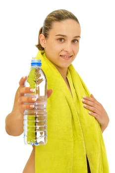 Girl with towel and water bottle isolated in white