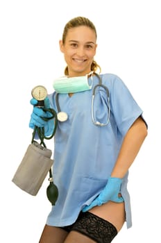 Sexy young doctor with blood pressure device posing against a white background