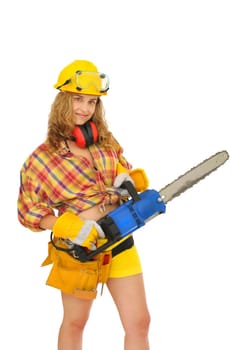 Young sexy girl worker with chainsaw isolated in white