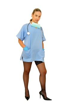 Sexy young doctor posing against a white background