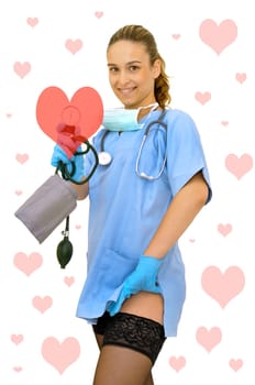 Sexy young doctor with blood pressure device posing against a white background