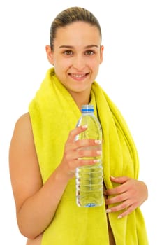 Sexy young girl with towel and water bottle isolated in white