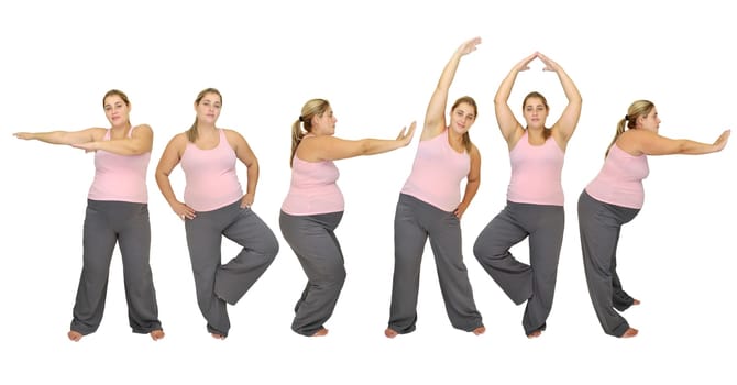 Pregnant woman making exercises isolated in white
