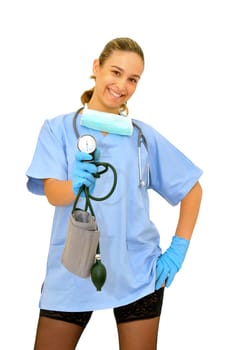 Sexy young doctor with blood pressure device posing against a white background