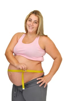 Pregnant woman with measuring tape isolated in white