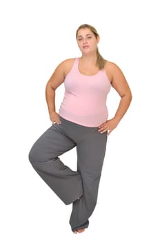 Pregnant woman making exercises isolated in white